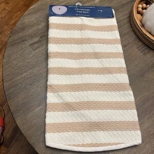 At Home Ty Pennington Christmas Tree Skirt 48 in Diameter Tan Cream Stripes Knit